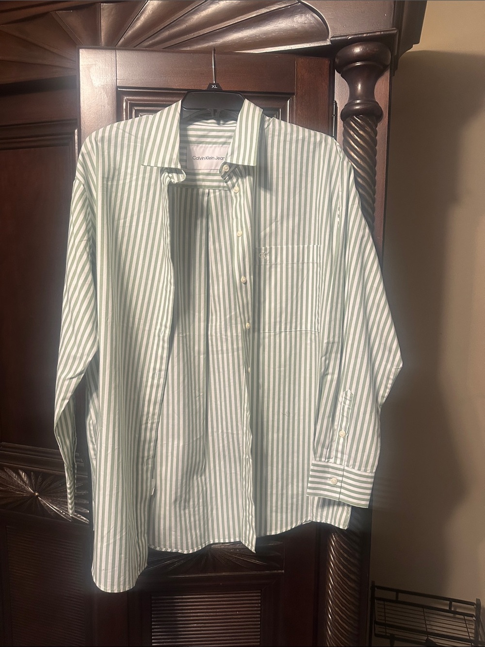 Calvin Klein Jeans Men’s Mint Green and White Striped Dress Shirt